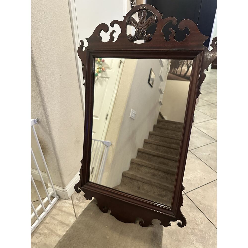 Antique Feather Scroll Mahogany Hall Mirror W/ original 1900s Shipping Tag